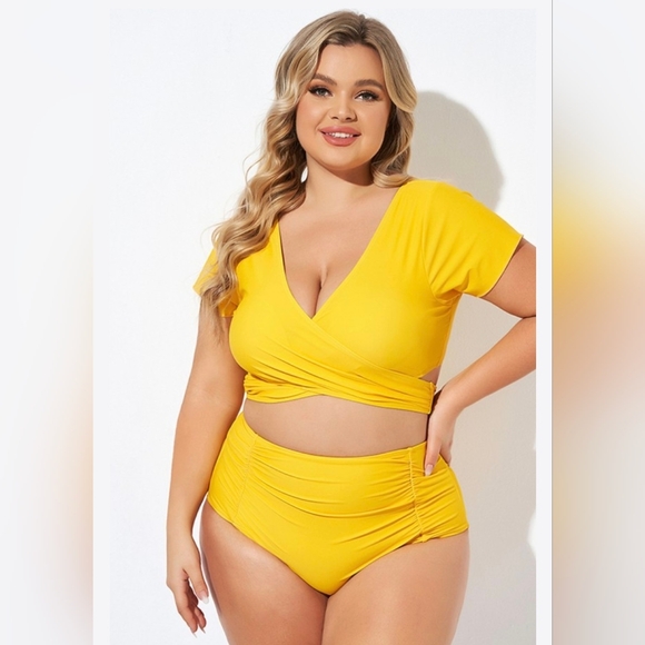 Yellow Ruched Sleeves Skirted Bikini Top - Picture 2 of 6